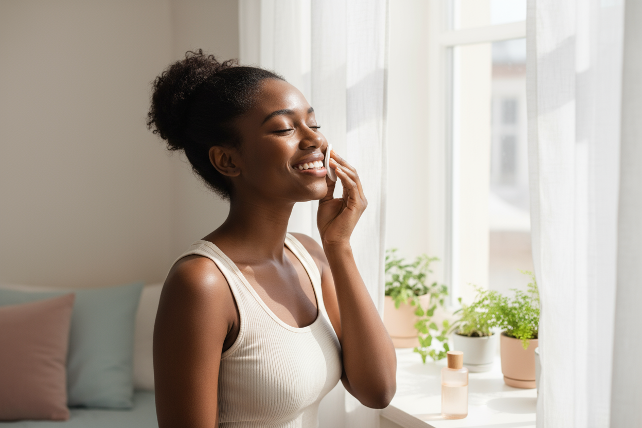 Concept: A black woman standing by a sunny window, applying toner or essence with a smile.
Vibe: Clean, fresh, real.
Scene: Gentle morning light filtering through sheer curtains, small plants in the background.
Colors: Soft creams, pastels, and natural light tones.
Emotion: “Glow starts with small, joyful rituals.”