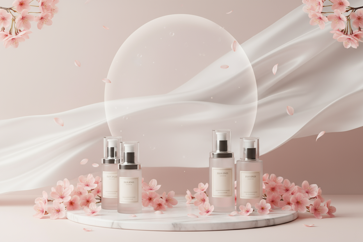🌸 3. Bloom & Glow (Nature Inspired)

Concept: A Korean-style scene with cherry blossoms or soft petals floating around skincare bottles.
Vibe: Dreamy, feminine, peaceful.
Colors: Blush pink, light coral, off-white.
Props: Blossoms, silk fabric, frosted bottles.
Text overlay space: Centered, semi-transparent overlay.
Emotion: “Glow naturally.”